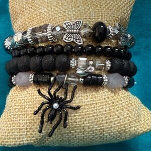 Stacked Black Bead Bracelet Set with Spider Butterfly Heart Charm